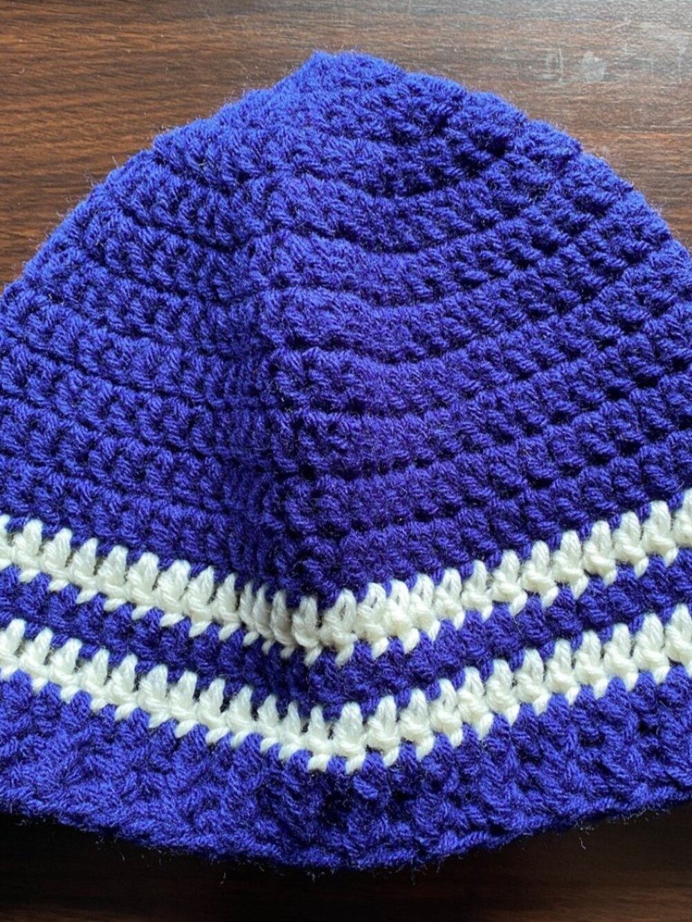 Hand Knit Crocheted Beanie Hat One Size Blue White Stripes Unisex